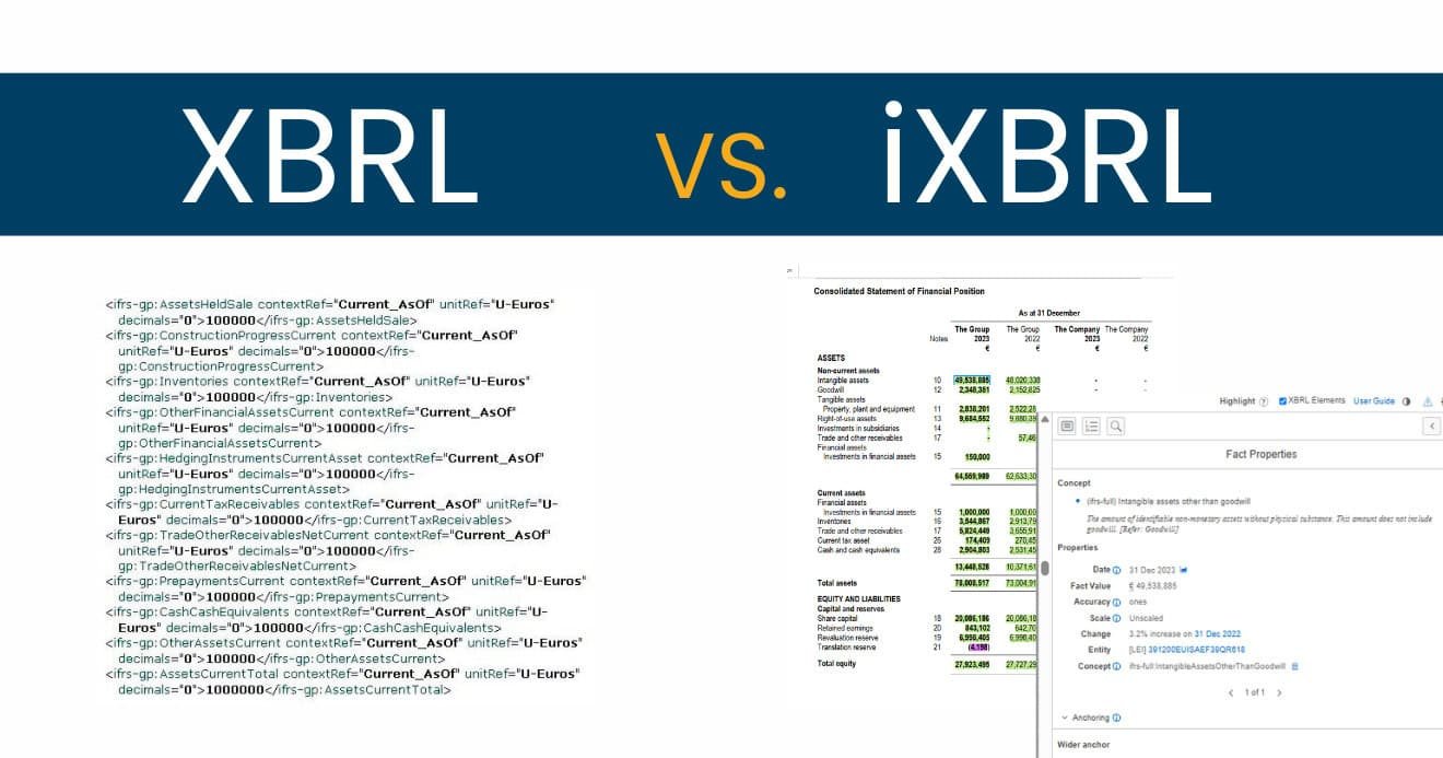 Comparison of XBRL vs iXBRL filings, illustrating the differences in report formats for regulatory compliance and financial reporting.